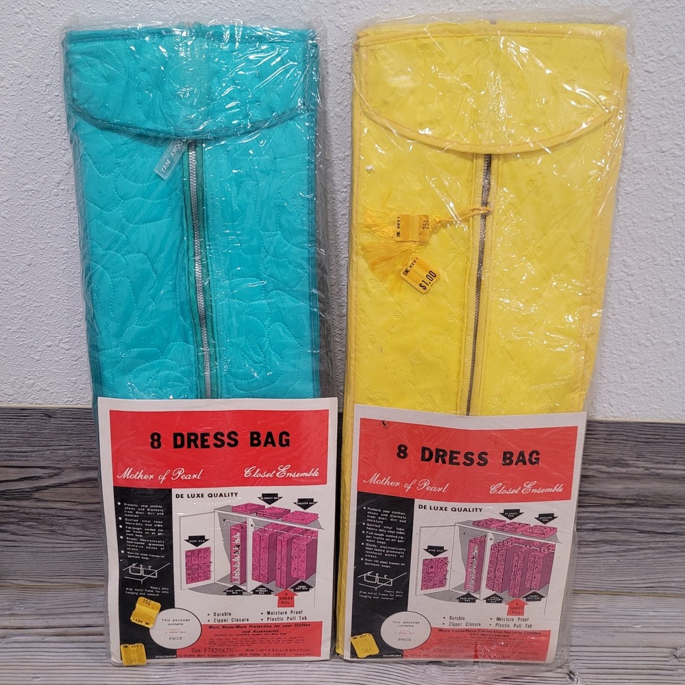 Vintage set of 2 dress Bags Mother of pearl NOS teal, yellow 1960's closet